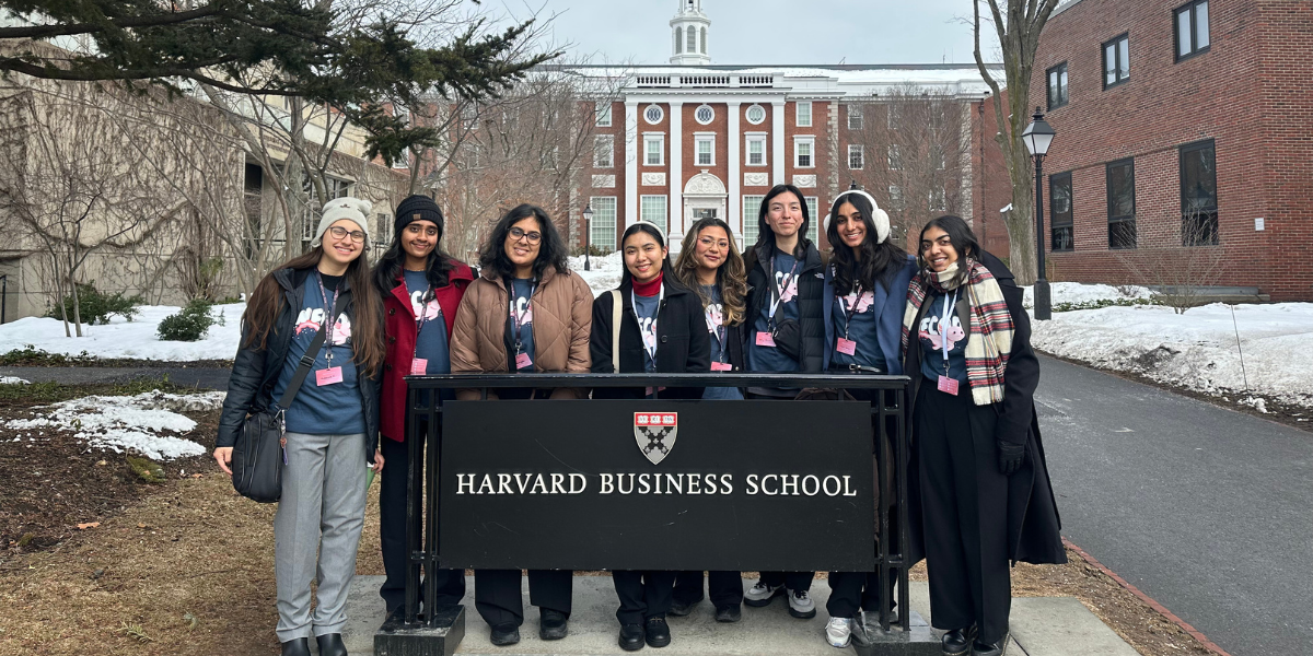 Students visiting Harvard Business School during a professional tour