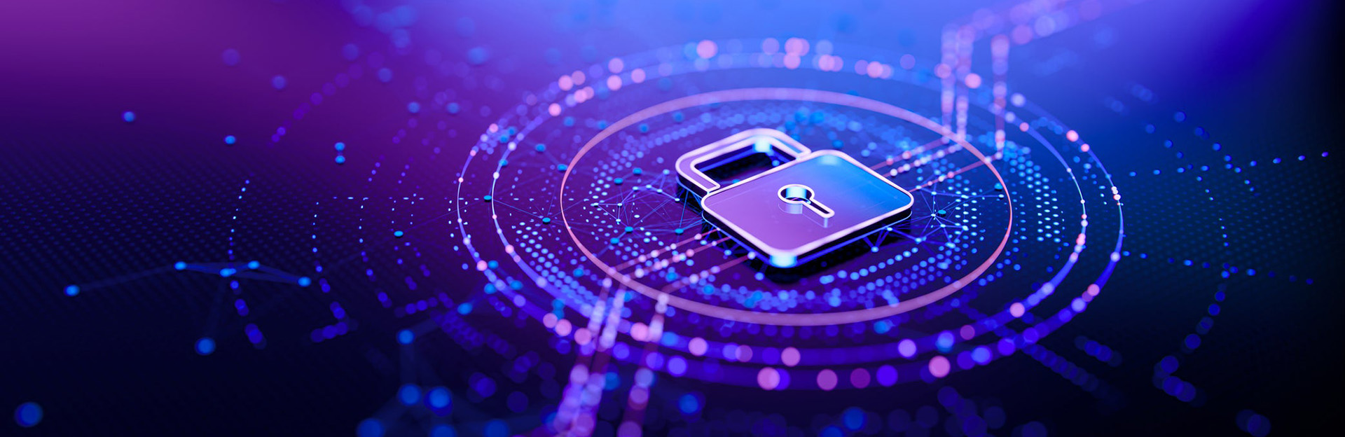 An image of a digital padlock centered within a network of glowing purple and blue abstract data points, symbolizing cybersecurity research and protection
