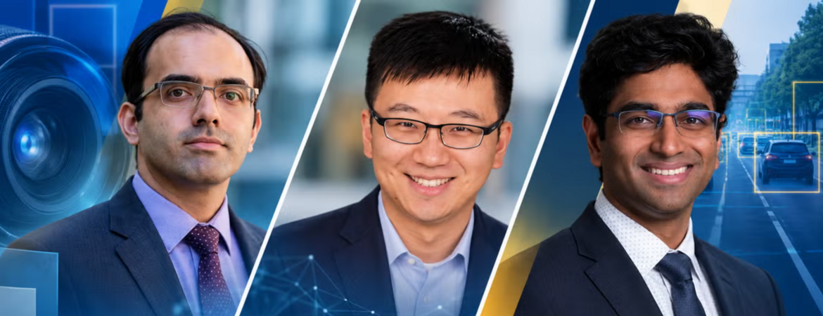 Three BCOE researchers pictured alongside graphics representing computational imaging and autonomous vehicle perception.
