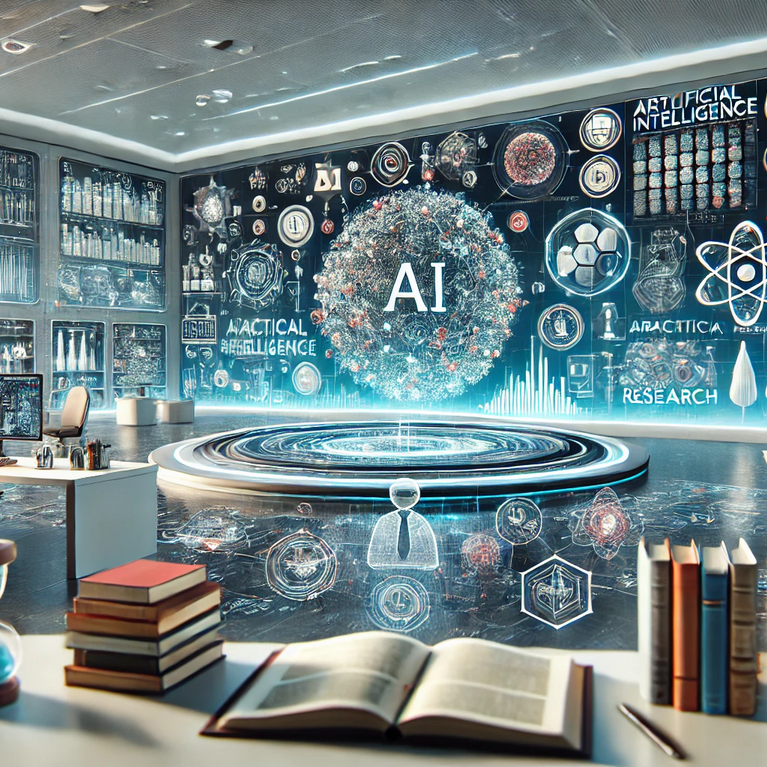 A conceptual image of an AI research center that blends digital and academic elements, featuring AI symbols, neural networks, and data streams in a futuristic environment. 