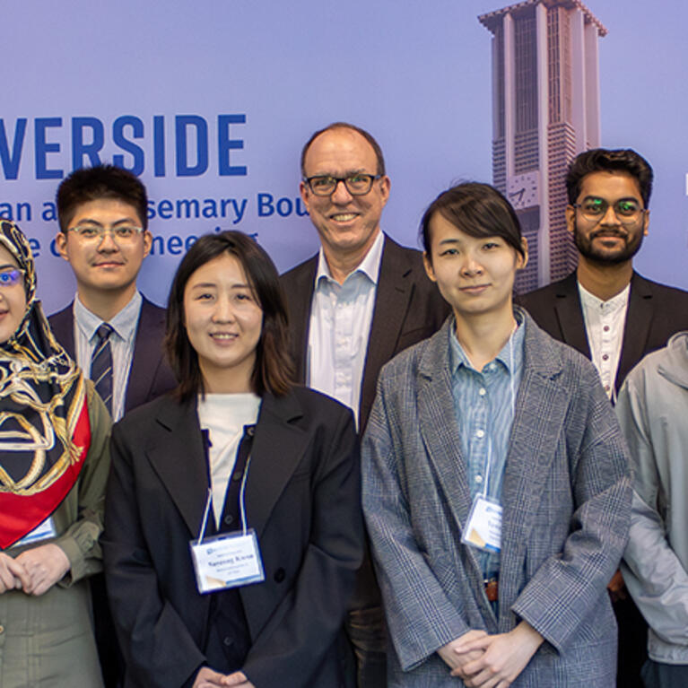 Photo of eight participants of the UC Riverside Engineering FAME workshop with BCOE Dean Chris Lynch in the center of the photo.