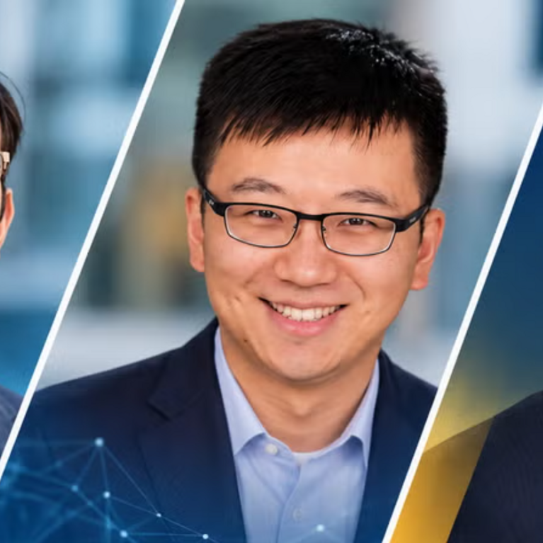 Three BCOE researchers pictured alongside graphics representing computational imaging and autonomous vehicle perception.