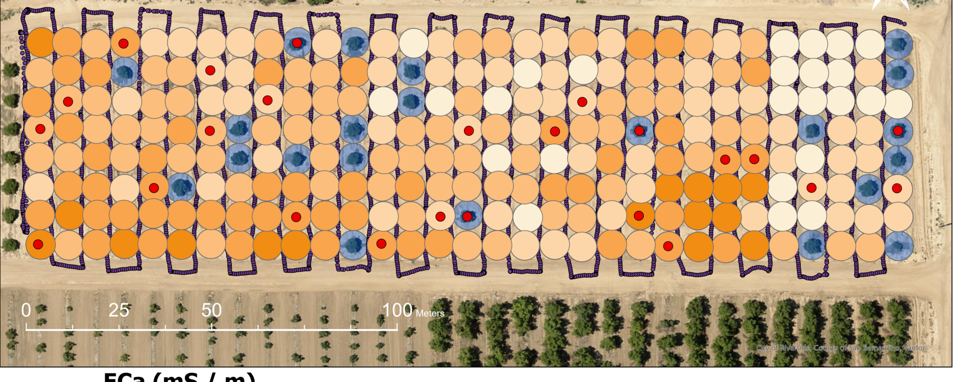 Aerial view of an agricultural research field divided into a grid of circular plots arranged in rows and columns. Many plots are highlighted with orange and blue markers, indicating different treatment groups or sampling locations. Crop rows surround the experimental area, and a crosshair marker appears near the center of the image.