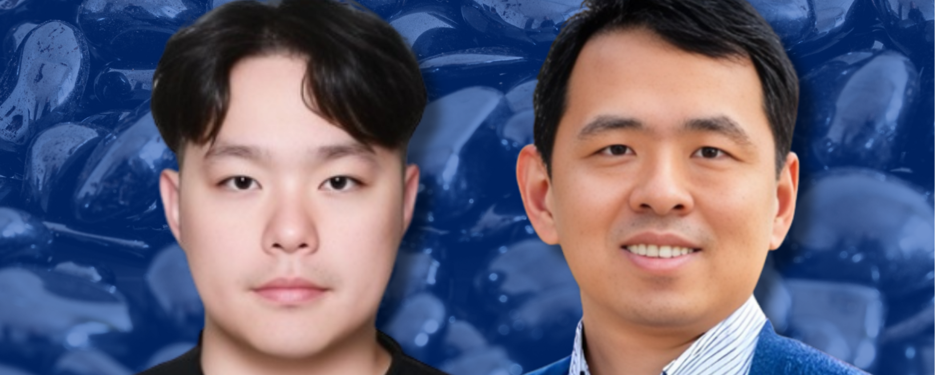 Portrait of two researchers against a blue-toned background of hematite material; one wears a dark top, the other a collared shirt with a blue jacket, both facing forward.