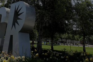 UCR campus sign surrounded by landscaping and trees near a campus walkway.