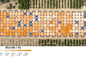 Aerial view of an agricultural research field divided into a grid of circular plots arranged in rows and columns. Many plots are highlighted with orange and blue markers, indicating different treatment groups or sampling locations. Crop rows surround the experimental area, and a crosshair marker appears near the center of the image.