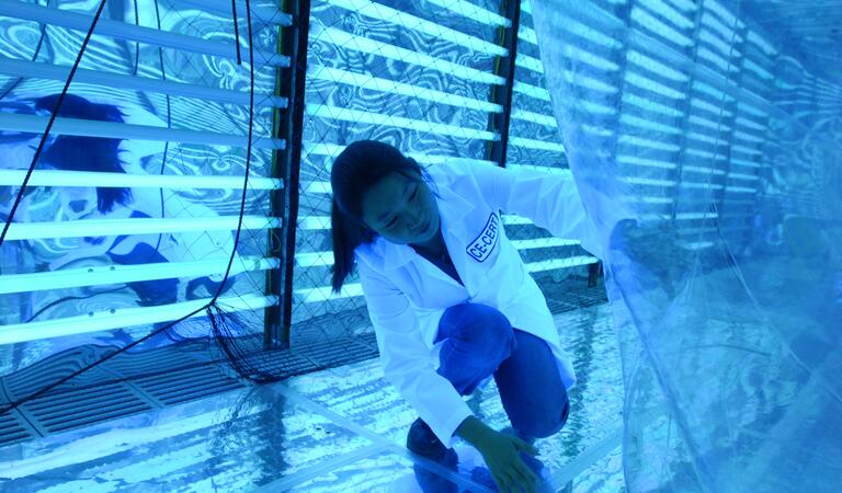 Engineering student inspects materials inside a blue-lit environmental testing chamber.