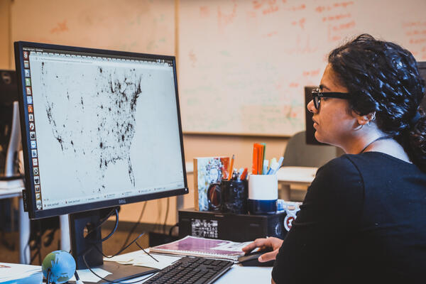 student reviewing data on computer monitor