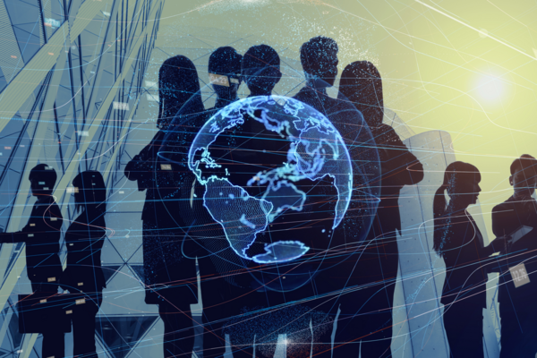 stylized globe image over silhouettes of people