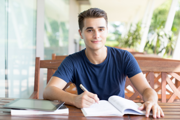 student reading notes