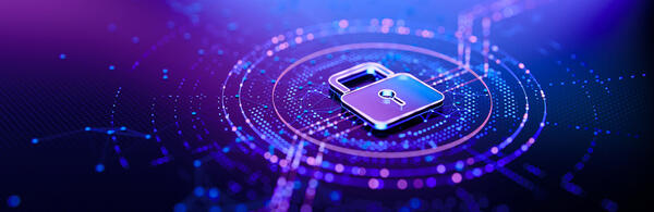 An illustration of a digital padlockcentered within a network of glowing purple and blue abstract data points, symbolizing cybersecurity research and protection.