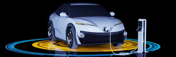 Illustration of an electric vehicle (EV) shown charging at a station.