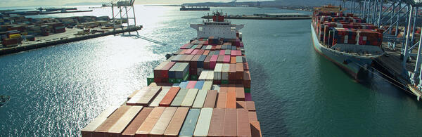 Drone photo of a cargo ship at the Port of Long Beach
