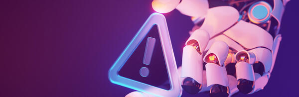 Illustration of a robot hand against a purple background holding an exclamation symbol