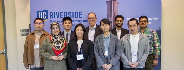 Photo of eight participants of the UC Riverside Engineering FAME workshop with BCOE Dean Chris Lynch in the center of the photo.