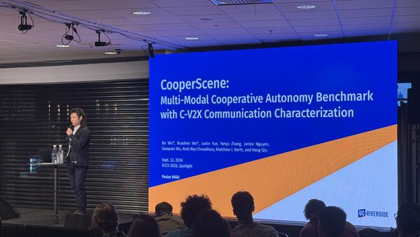 UCR electrical and computer engineering Ph.D. student Bo Wu presents the CooperScene autonomous vehicle research project at ECCV 2026 in Malmö, Sweden.