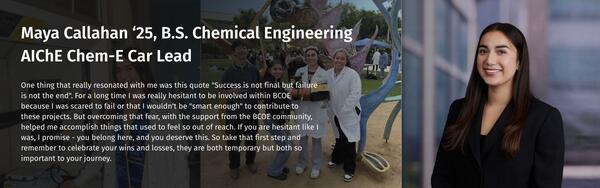 horizontal collage of Maya Callahan working in a lab, posing with colleagues, and in a black suit.  