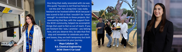 horizontal collage of Maya Callahan working in a lab, posing with colleagues, and in a black suit.  