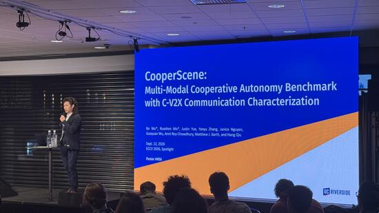 UCR electrical and computer engineering Ph.D. student Bo Wu presents the CooperScene autonomous vehicle research project at ECCV 2026 in Malmö, Sweden.