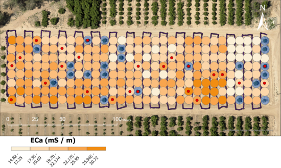 Aerial view of an agricultural research field divided into a grid of circular plots arranged in rows and columns. Many plots are highlighted with orange and blue markers, indicating different treatment groups or sampling locations. Crop rows surround the experimental area, and a crosshair marker appears near the center of the image.